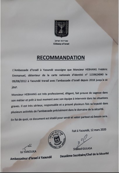 Recommendation  AMBASSADE D'ISRAEL A YAOUNDE